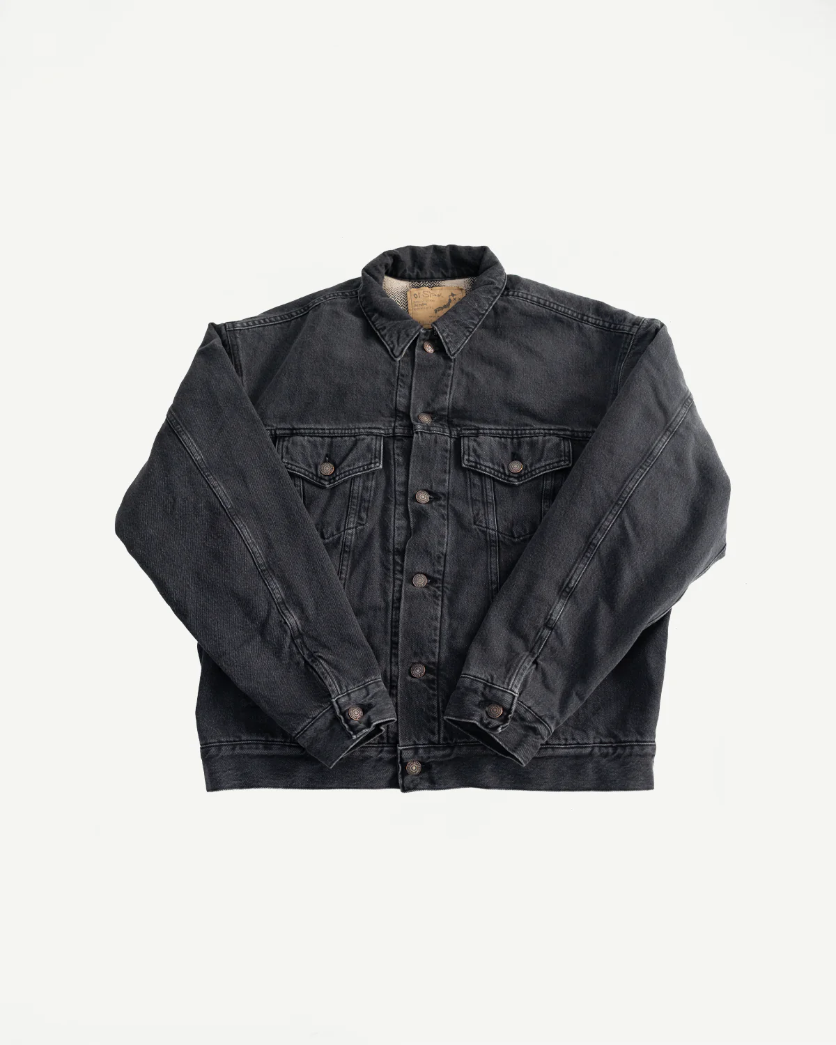 01-6105-D61SK - Organic Cotton Flannel Check Lining Type 3 Denim Jacket - Black Denim Stone