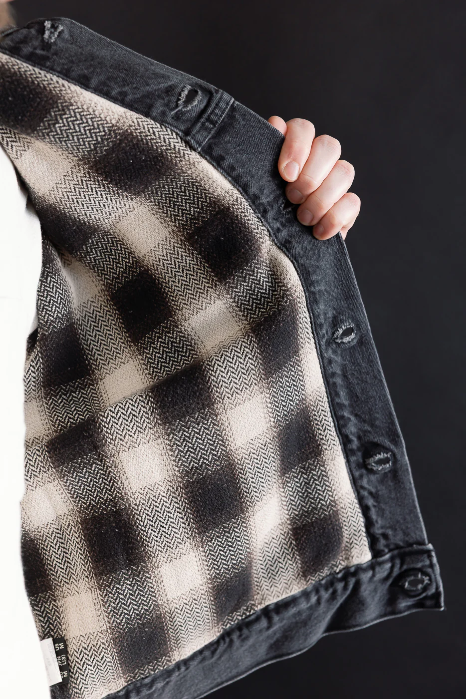01-6105-D61SK - Organic Cotton Flannel Check Lining Type 3 Denim Jacket - Black Denim Stone - Image 19