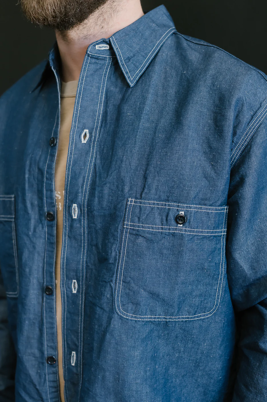 01-8068-81 - Supima 100/2 Linen Dungaree Work Shirt - Indigo - Image 21