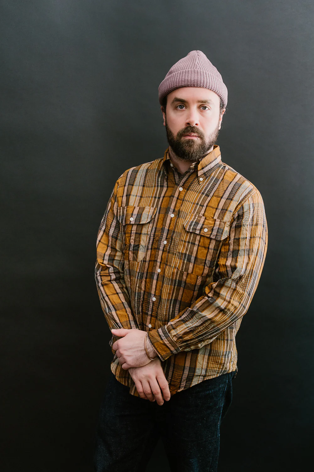 01-8113-44 - Linen Button-Down Safari Shirt - Orange Check - Image 12
