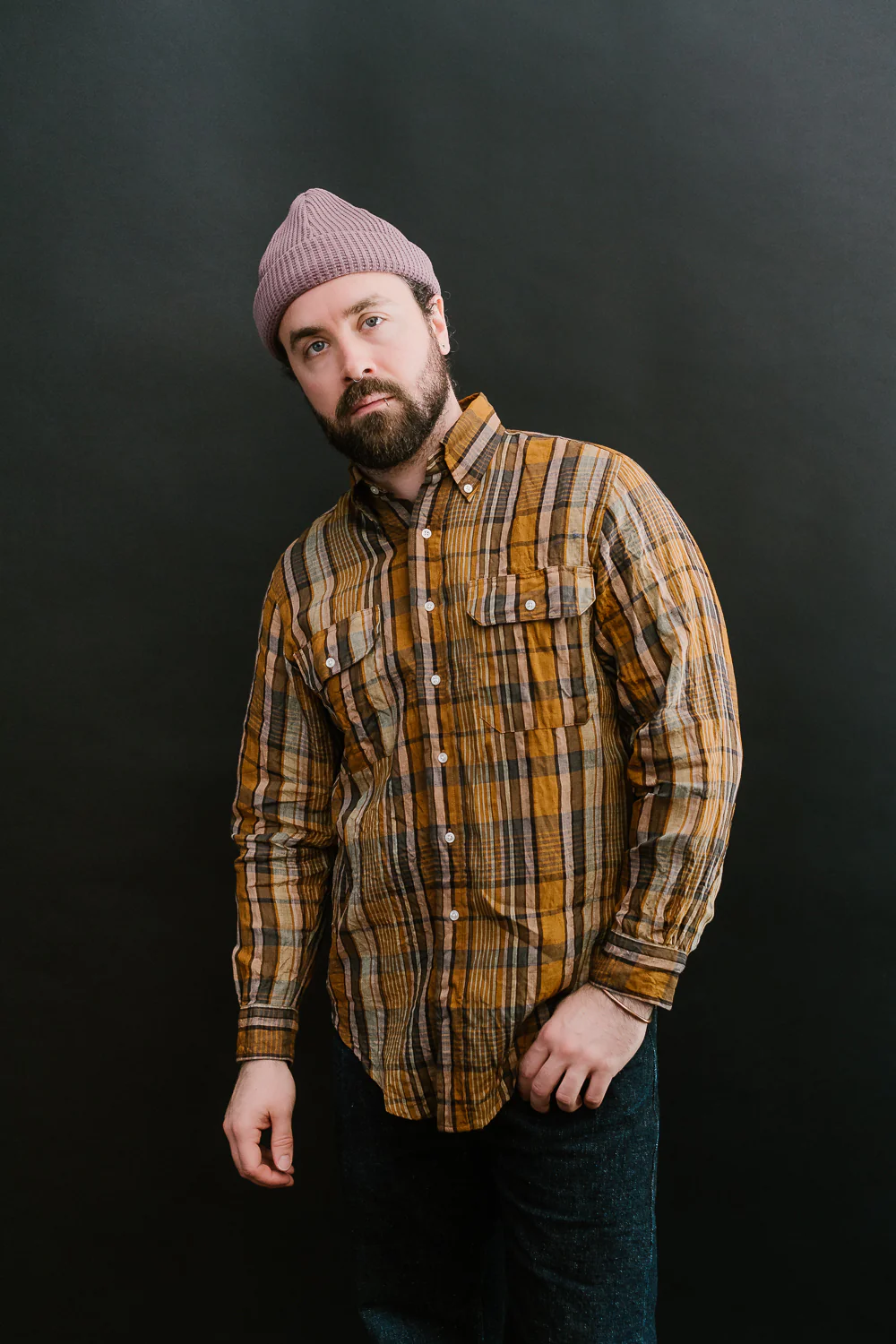 01-8113-44 - Linen Button-Down Safari Shirt - Orange Check - Image 17
