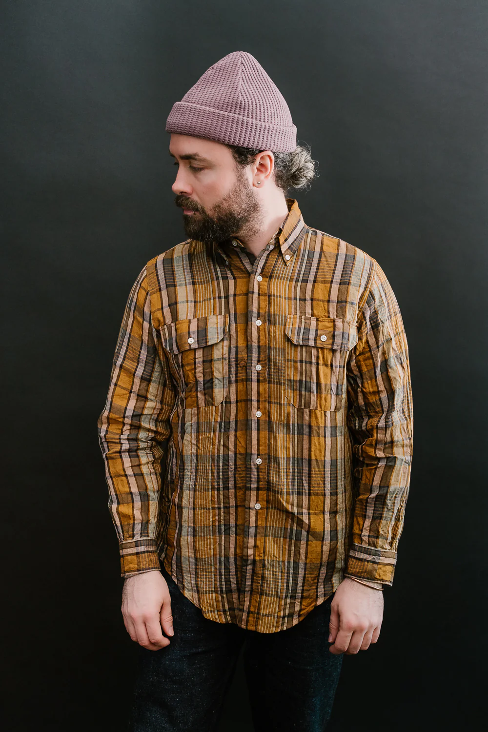 01-8113-44 - Linen Button-Down Safari Shirt - Orange Check - Image 18