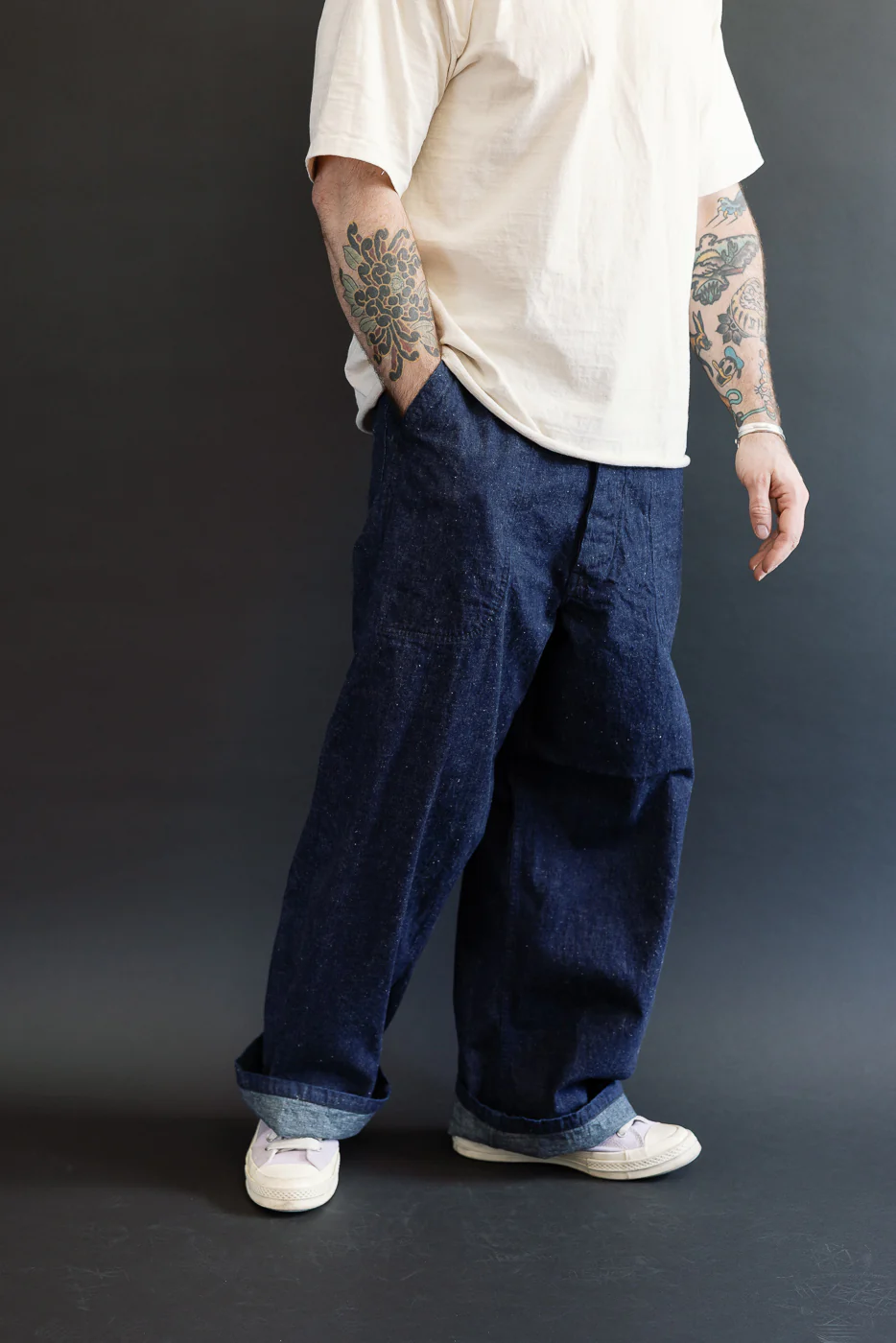01-V5130-81K - US Navy Denim Wide Fit Selvedge Utility Pants - Indigo OW - Image 14