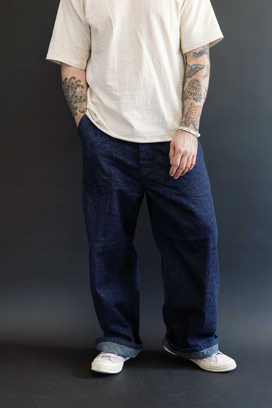 01-V5130-81K - US Navy Denim Wide Fit Selvedge Utility Pants - Indigo OW - Image 15