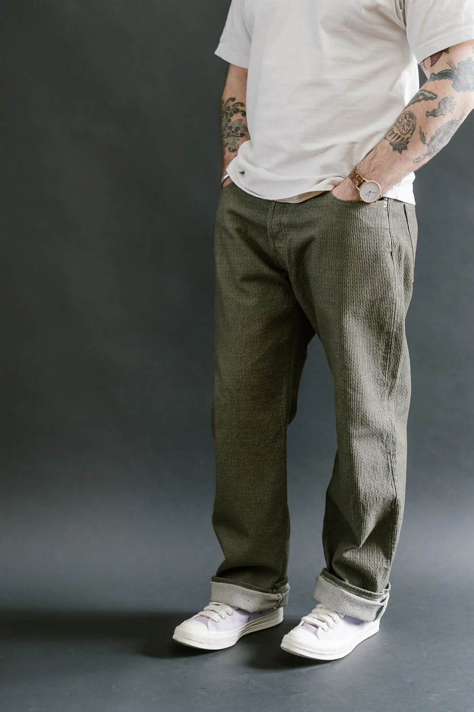1170-1-OLV - Sashiko Denim Loose Fit - Olive x Olive - Image 11