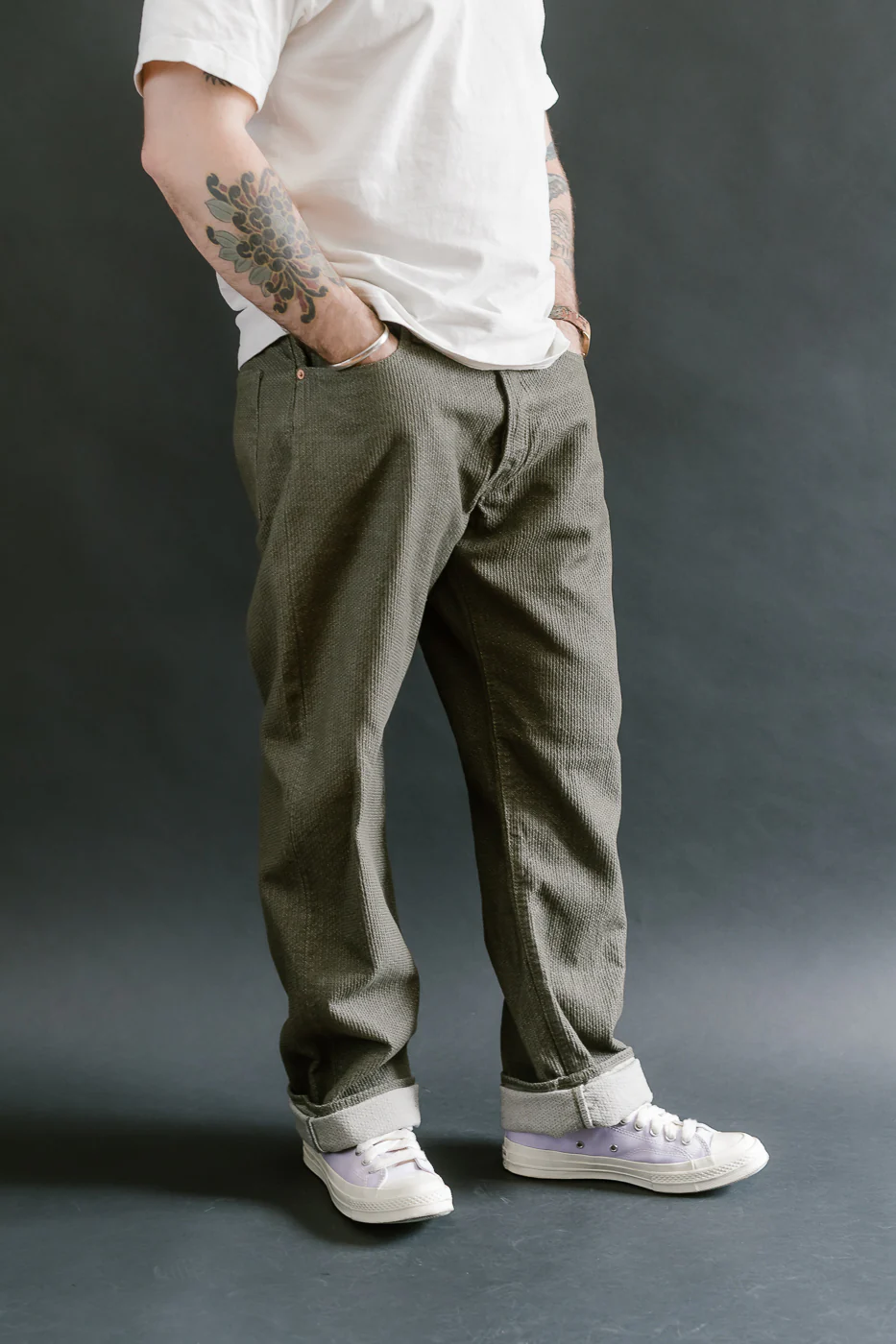 1170-1-OLV - Sashiko Denim Loose Fit - Olive x Olive - Image 12