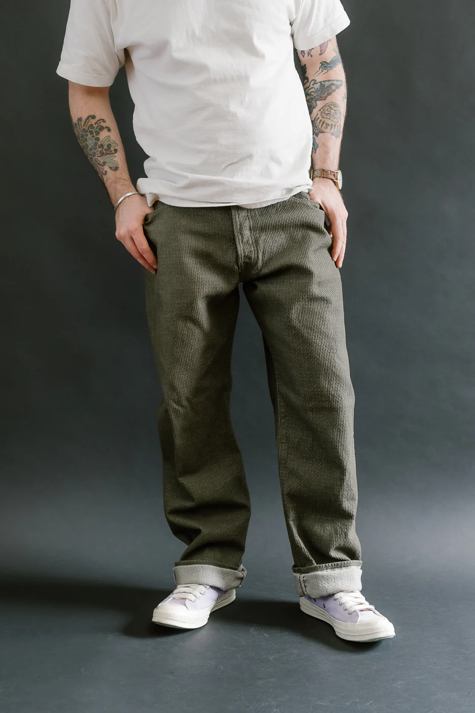 1170-1-OLV - Sashiko Denim Loose Fit - Olive x Olive - Image 16