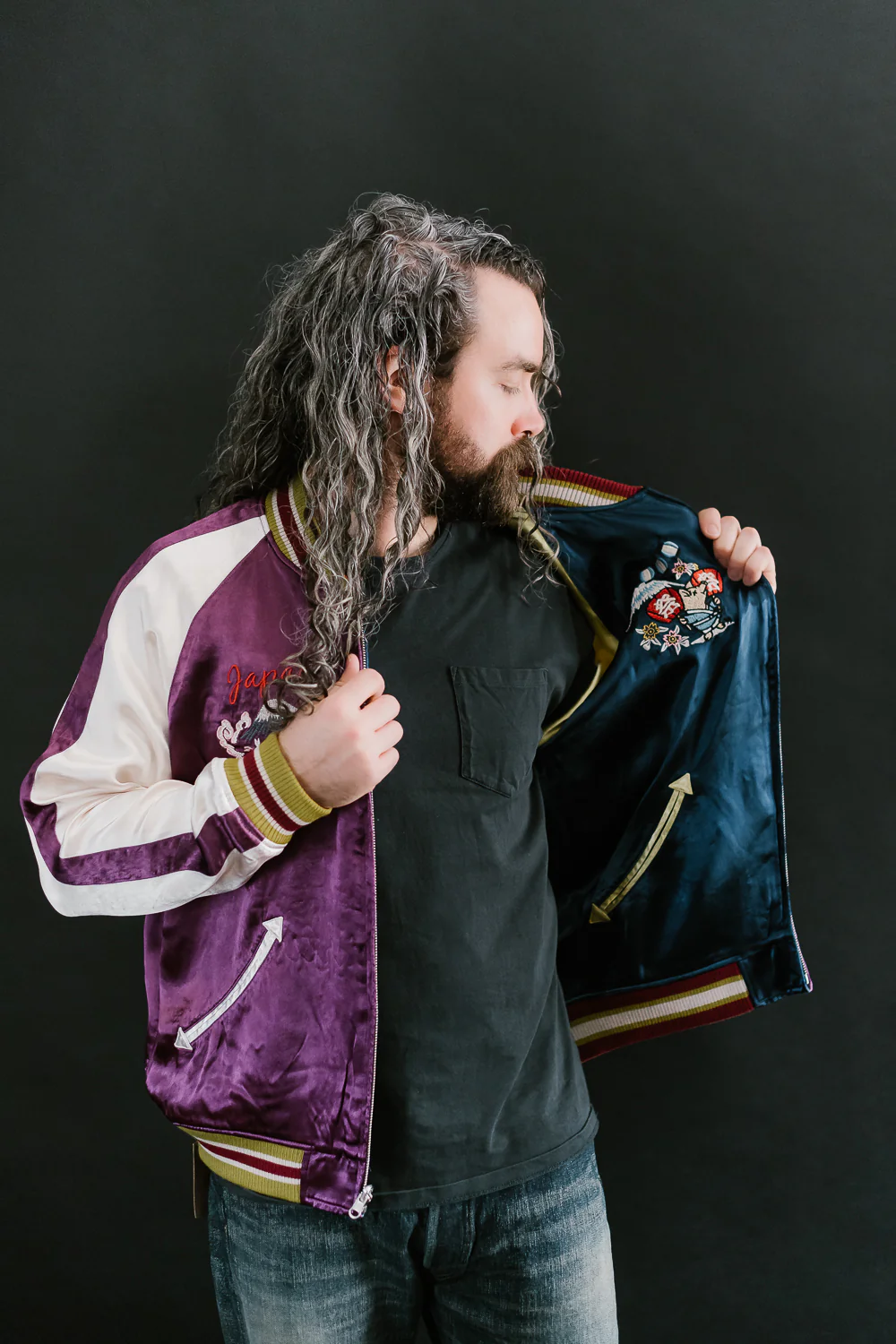 4581 - "Vehicle of God" Reversible Satin Sukajan Souvenir Jacket - Navy x Plum - Image 26