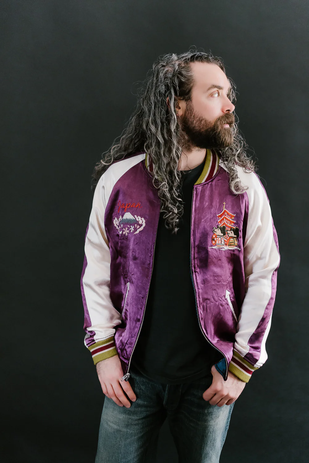4581 - "Vehicle of God" Reversible Satin Sukajan Souvenir Jacket - Navy x Plum - Image 27