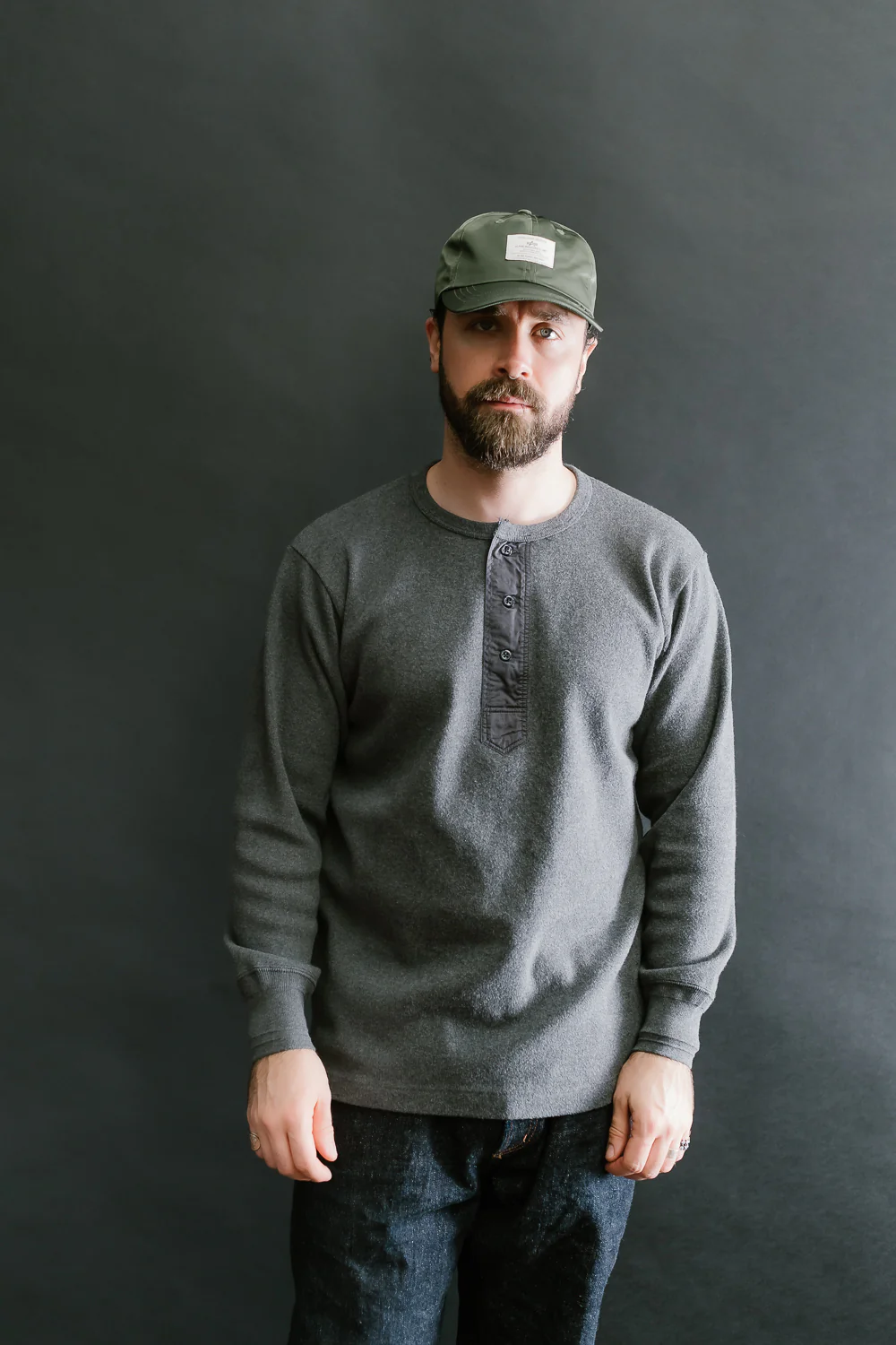 5502H - Cotton Rib Henley Neck L/S Shirt - Charcoal Black - Image 8