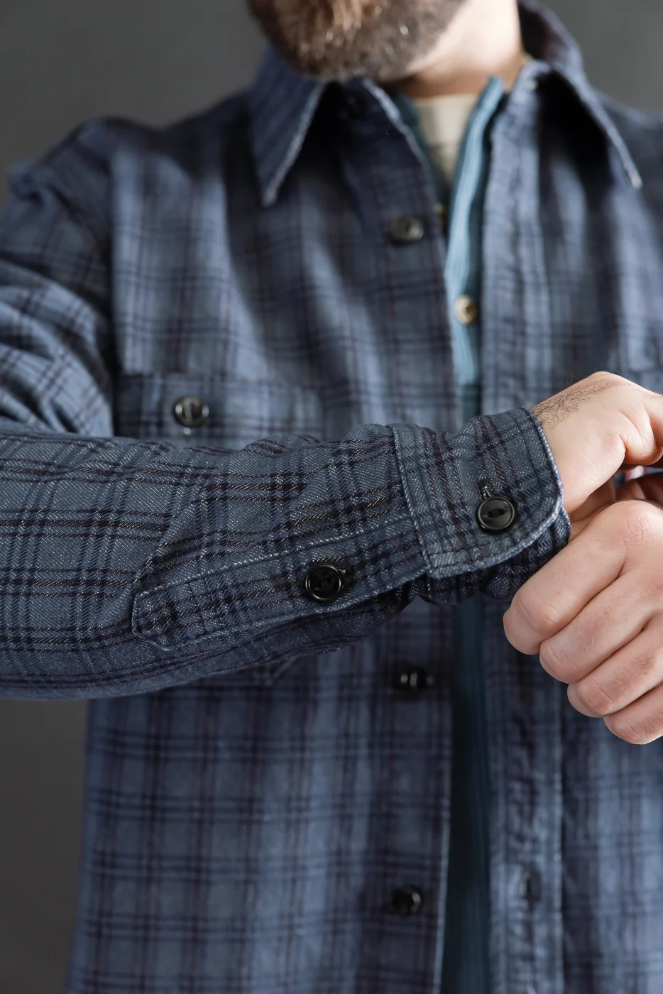 5734 - 13oz Jacquard Check Work Shirt - Navy - Image 15