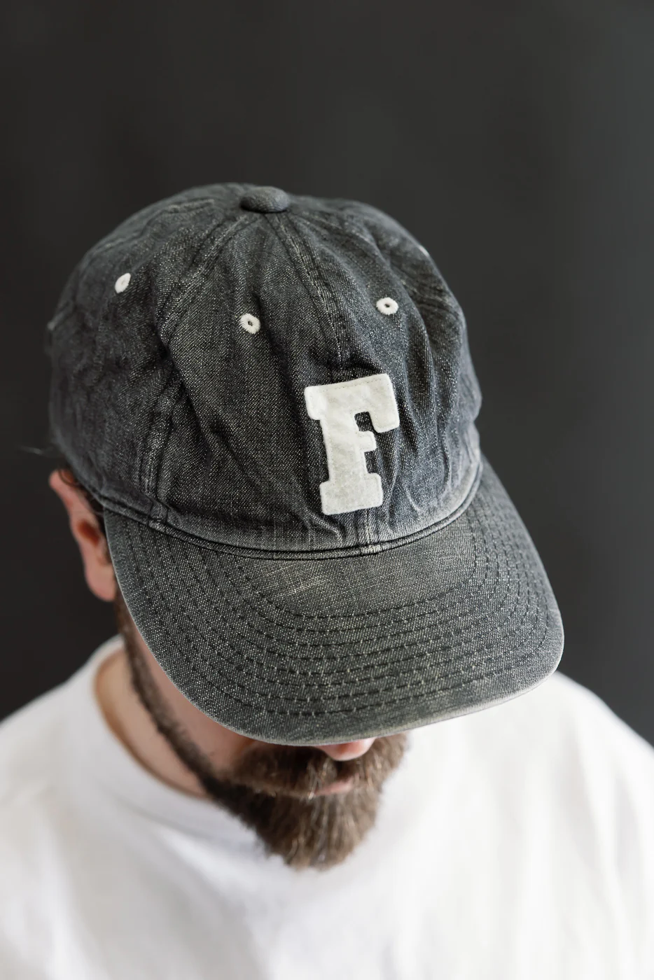 6843HW - 6 Panel Denim Baseball Cap 'F' Patch - Black Vintage Wash - Image 9