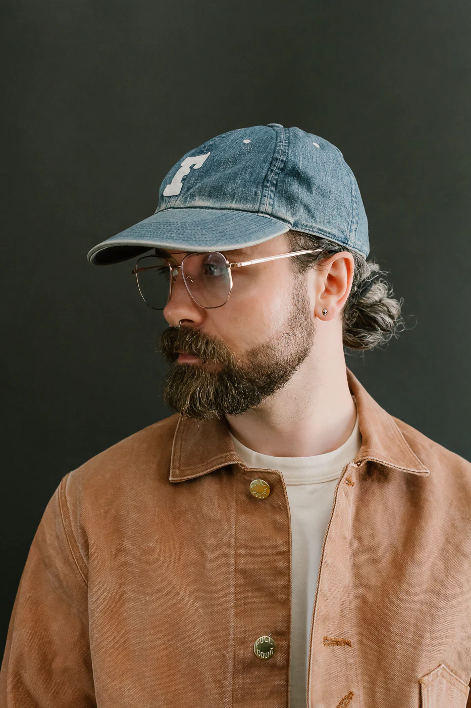 6843HW - 6 Panel Denim Baseball Cap 'F' Patch - Indigo Vintage Wash - Image 6