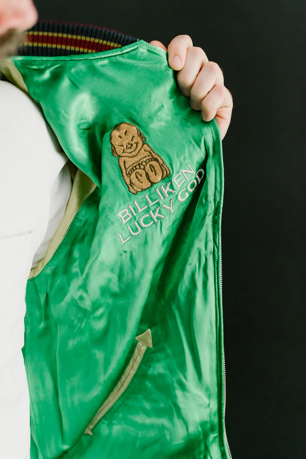 BILLI-002 - Billiken Collaboration Satin Sukajan Souvenir Jacket - Black x Green - Image 32