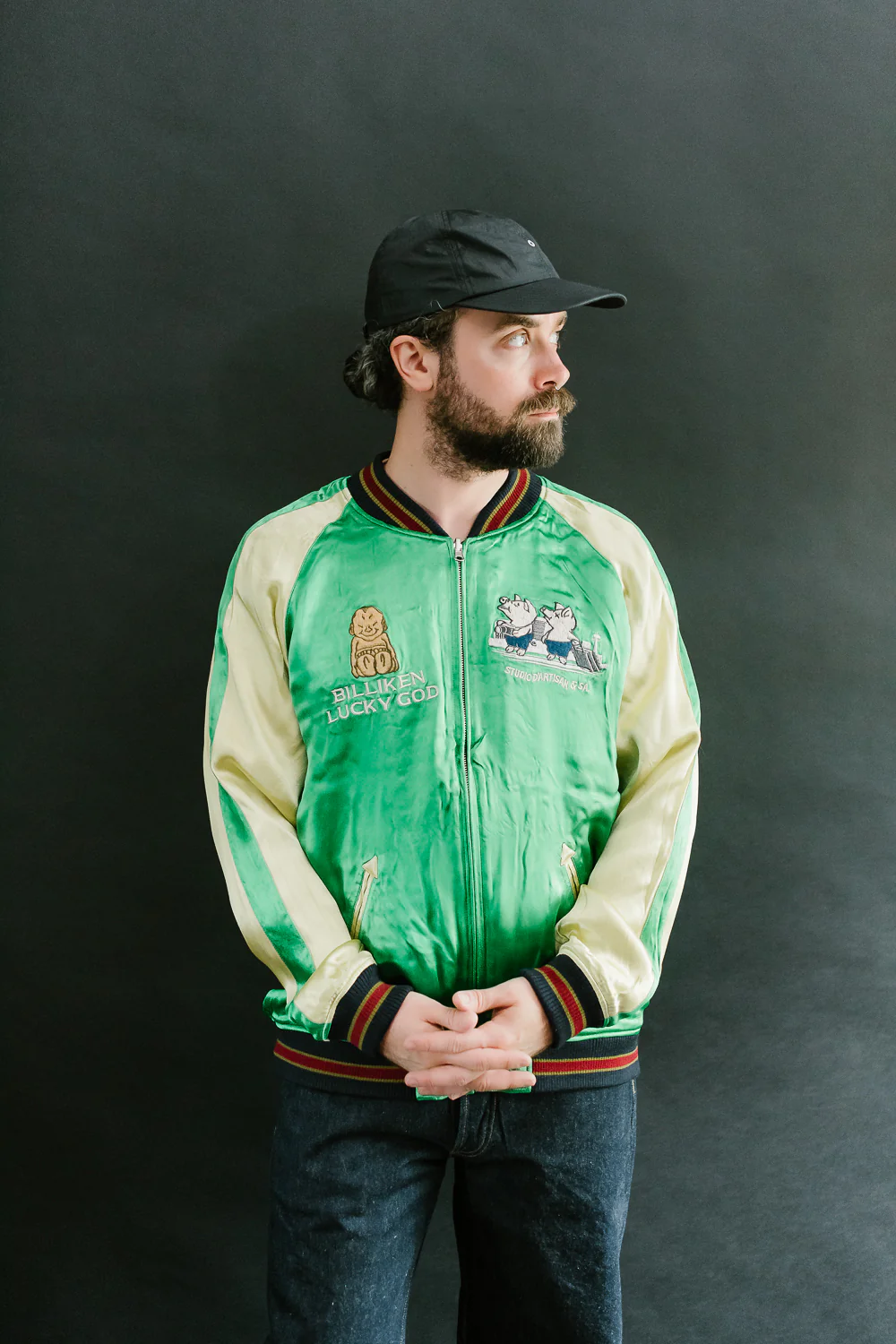 BILLI-002 - Billiken Collaboration Satin Sukajan Souvenir Jacket - Black x Green - Image 38