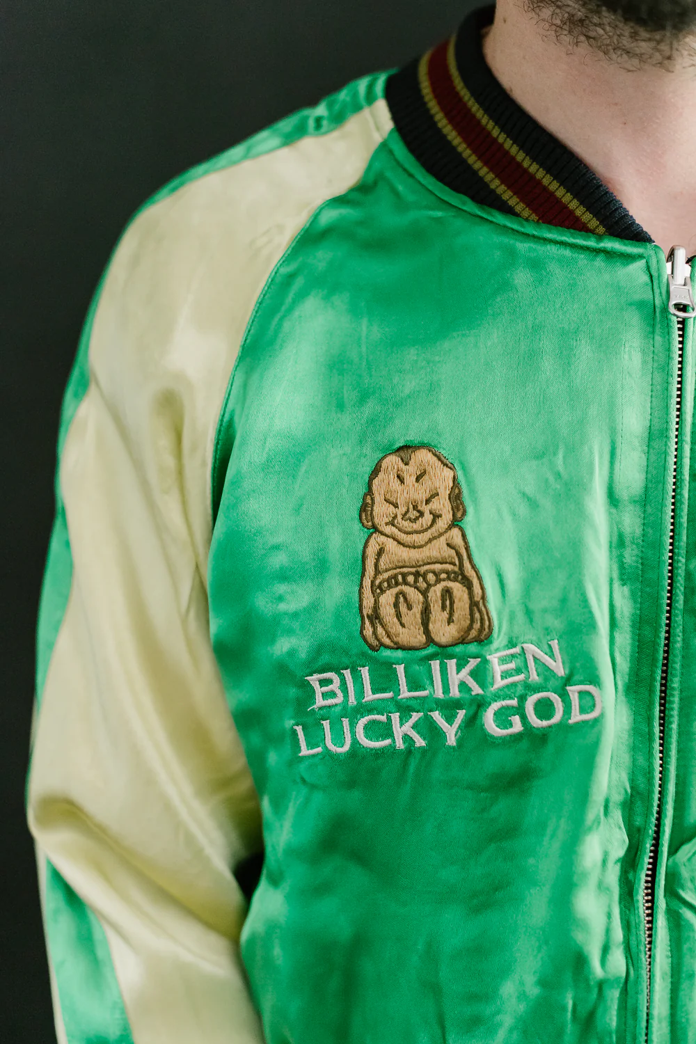 BILLI-002 - Billiken Collaboration Satin Sukajan Souvenir Jacket - Black x Green - Image 45