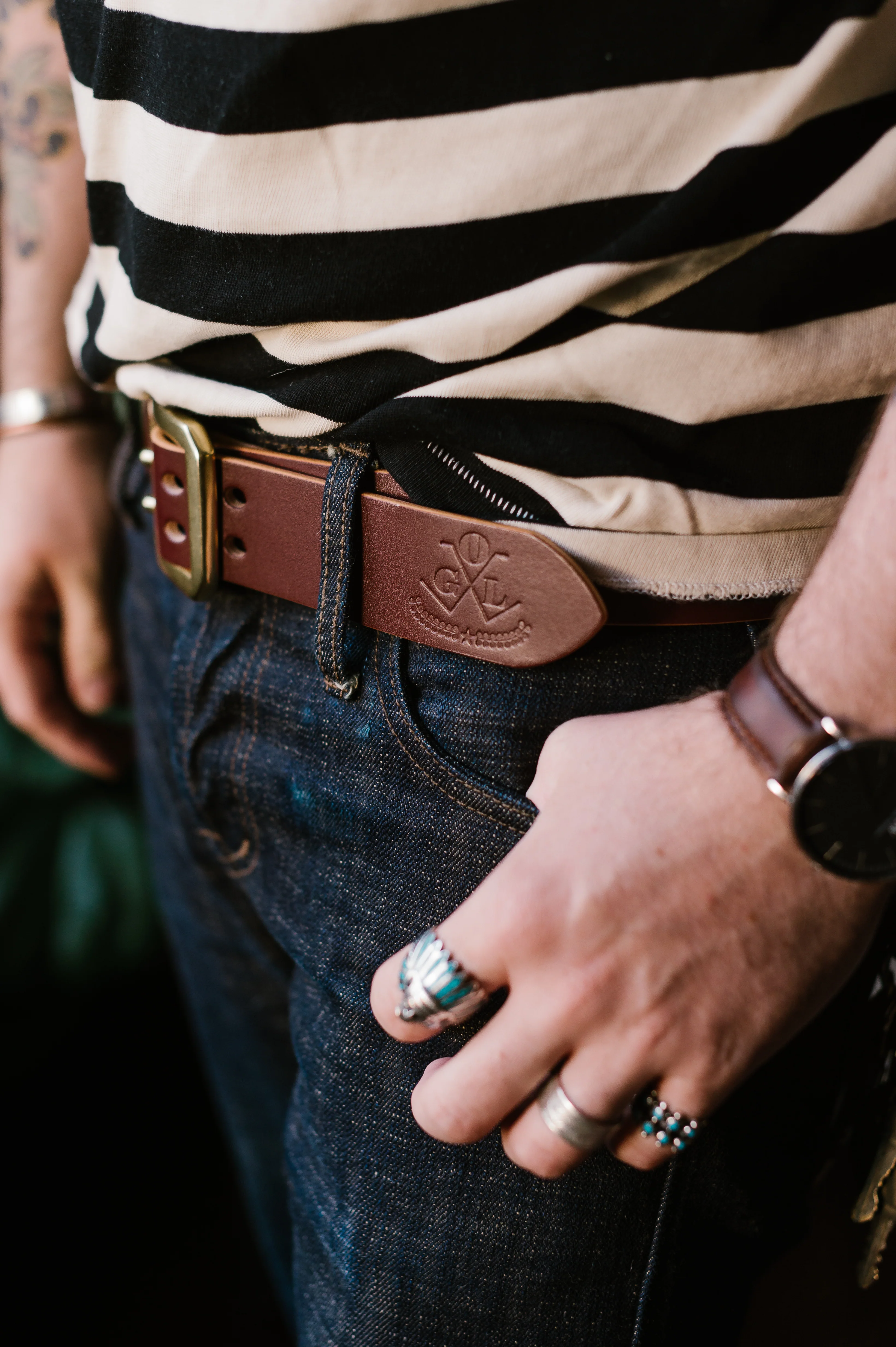 Double Prong Brass Garrison Buckle Leather Belt - Hand-Dyed Brown - Image 10