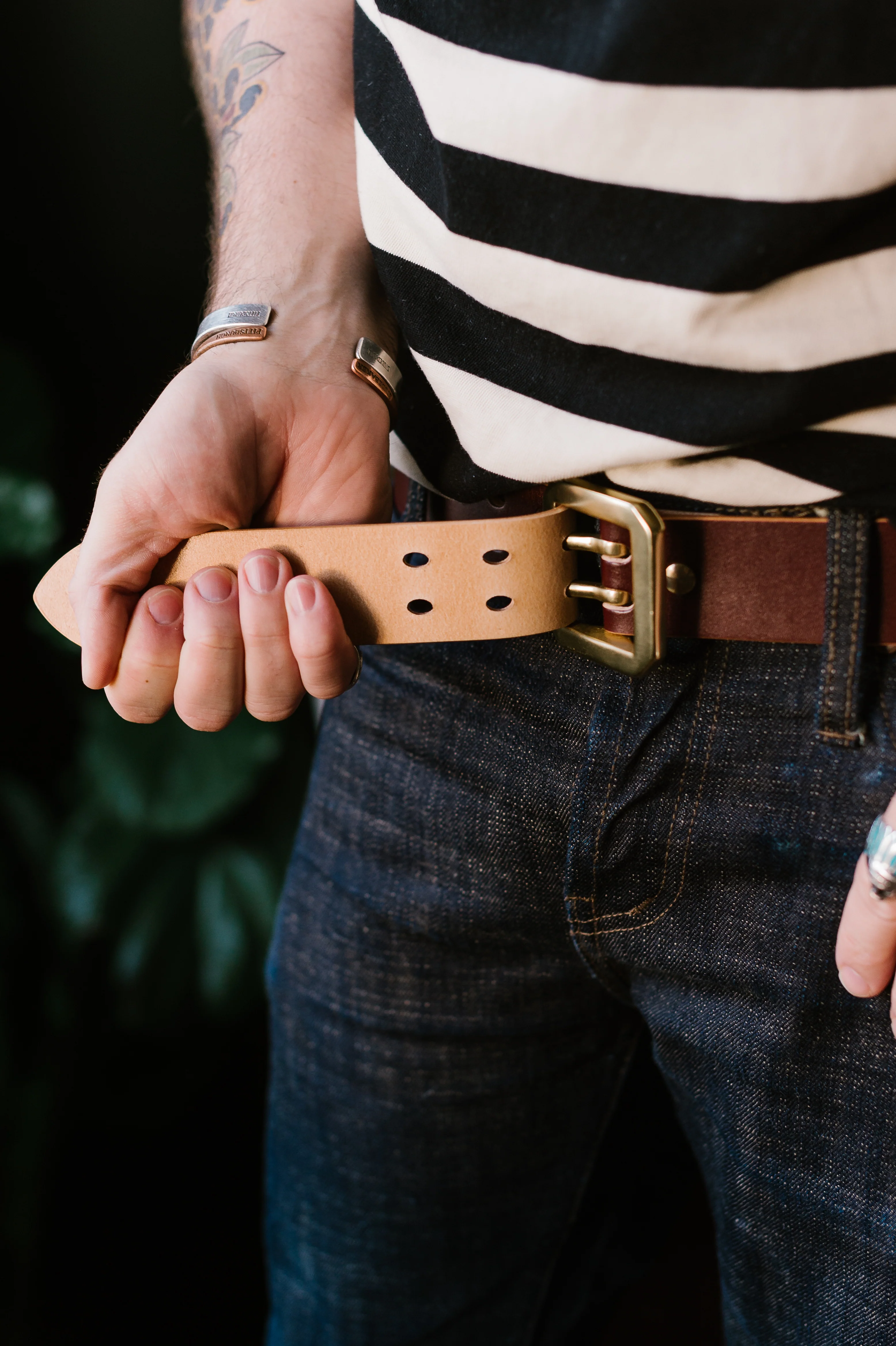 Double Prong Brass Garrison Buckle Leather Belt - Hand-Dyed Brown - Image 11