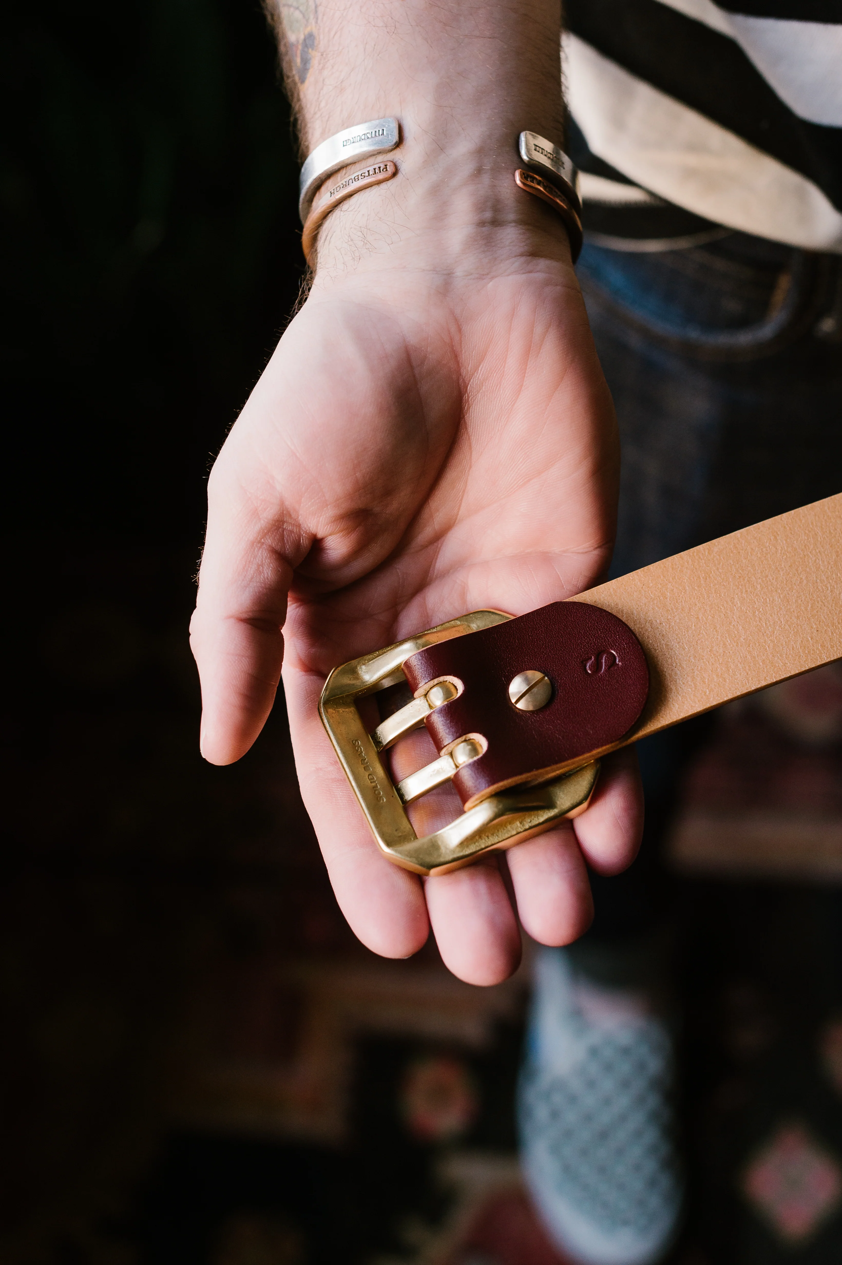 Double Prong Brass Garrison Buckle Leather Belt - Hand-Dyed Brown - Image 7