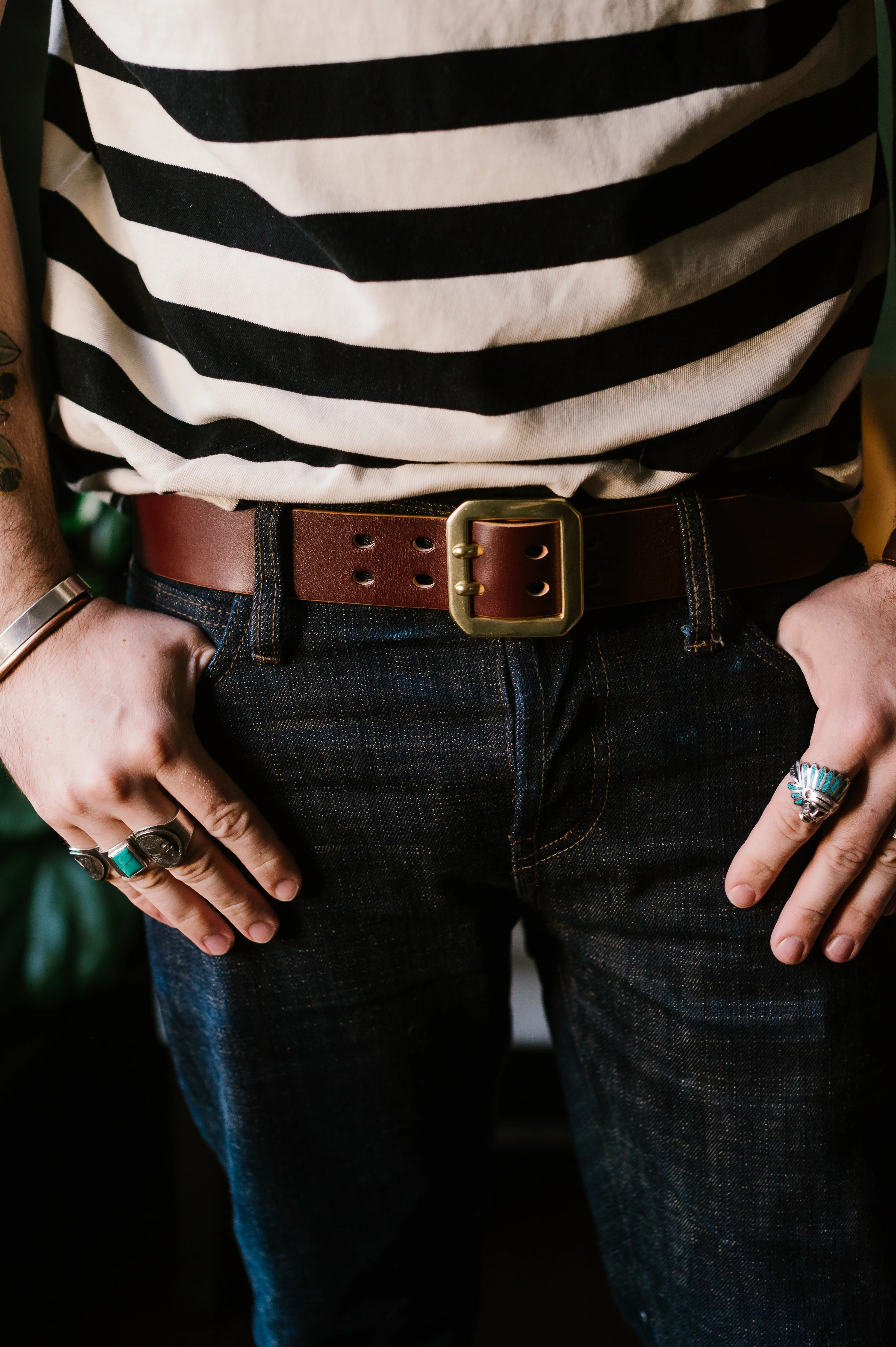 Double Prong Brass Garrison Buckle Leather Belt - Hand-Dyed Brown - Image 8