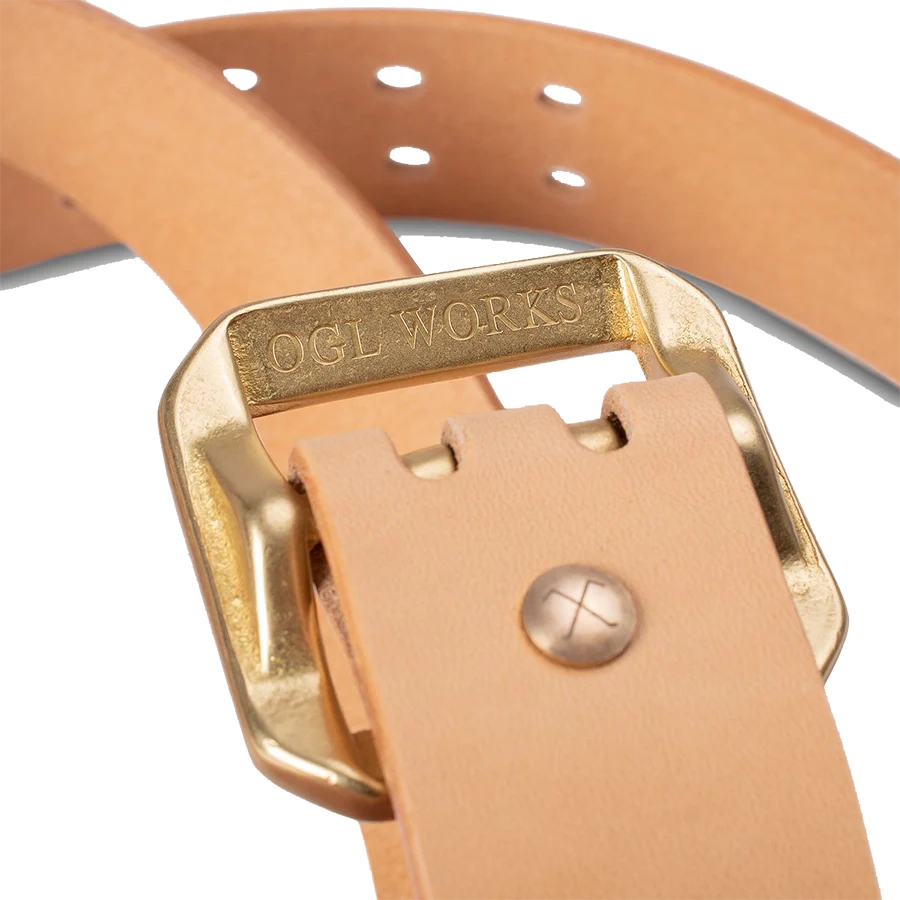 Double Prong Brass Garrison Buckle Leather Belt - Natural - Image 5