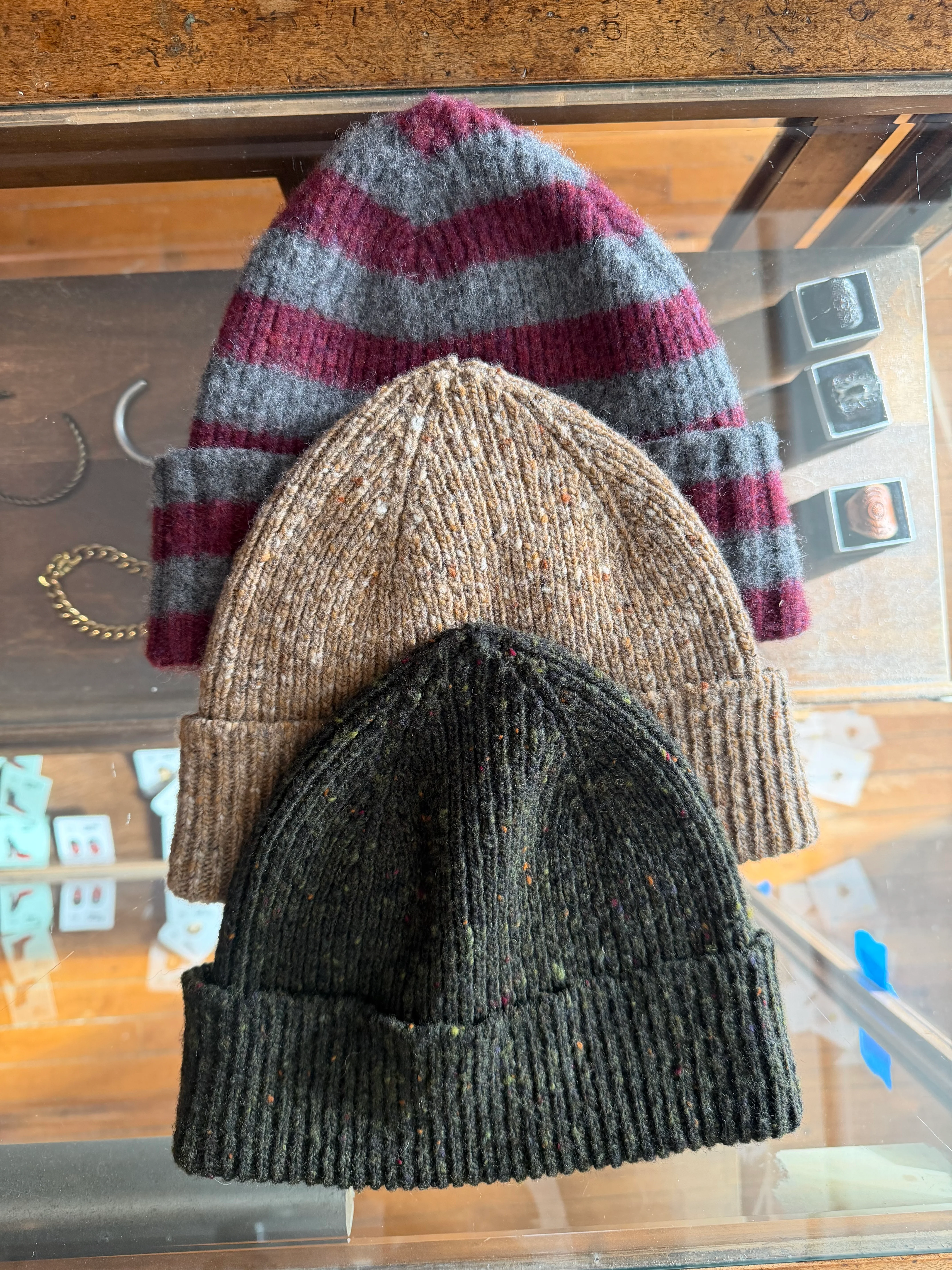Gently Used Howlin' Wool Hats - 3 Pack - Green, Tan, Burgundy/Gray Stripe