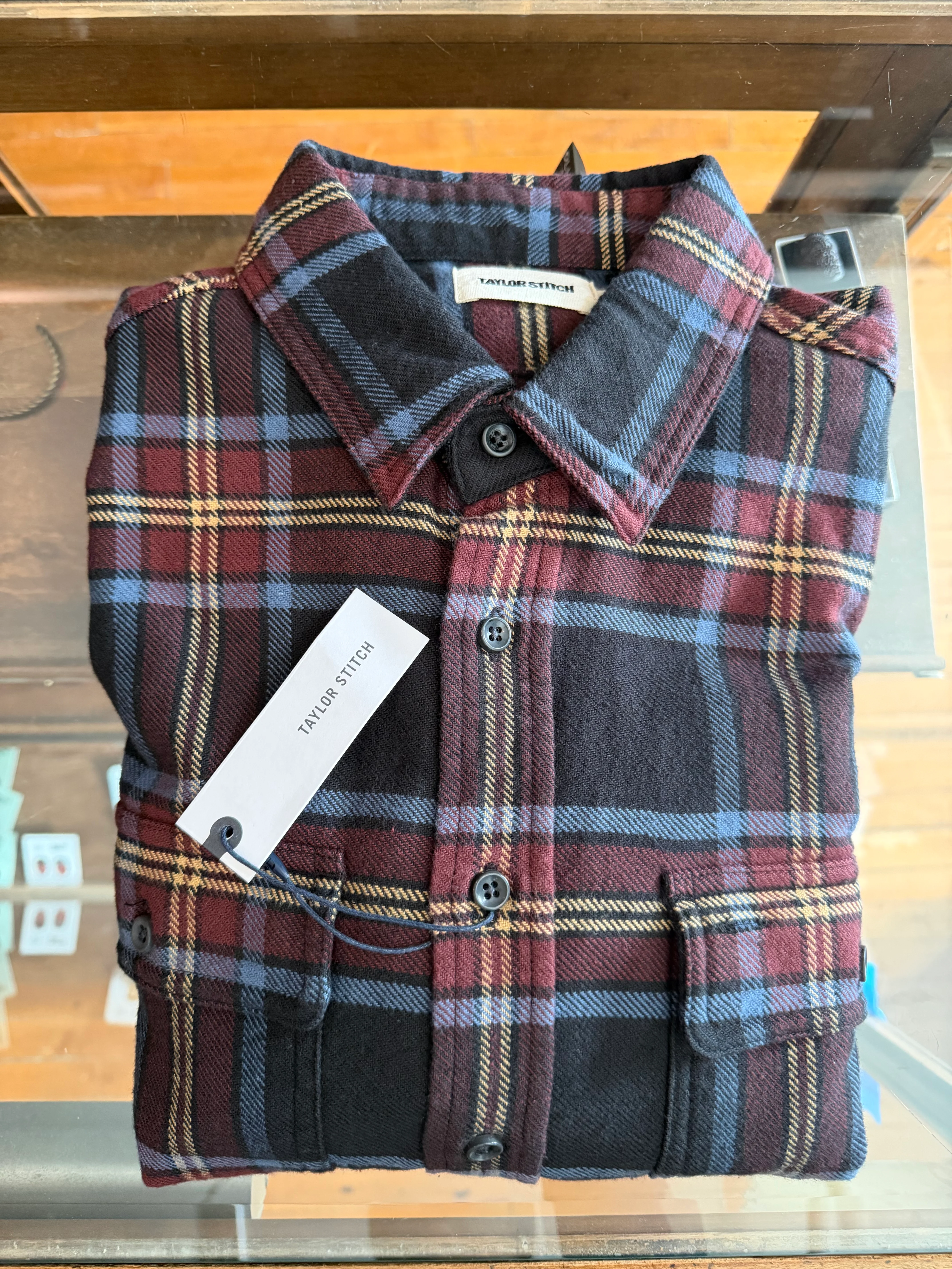 Gently Used Taylor Stitch LS Flannel - Dark Navy/Light Blue/Burgundy - 40