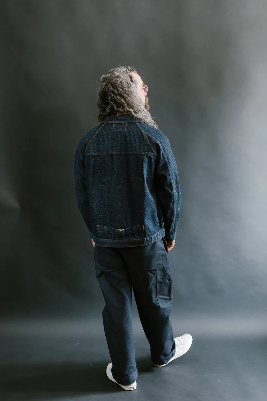 Shawl Collar Raglan Embossed Checkers Jean Jacket - Indigo - Image 11