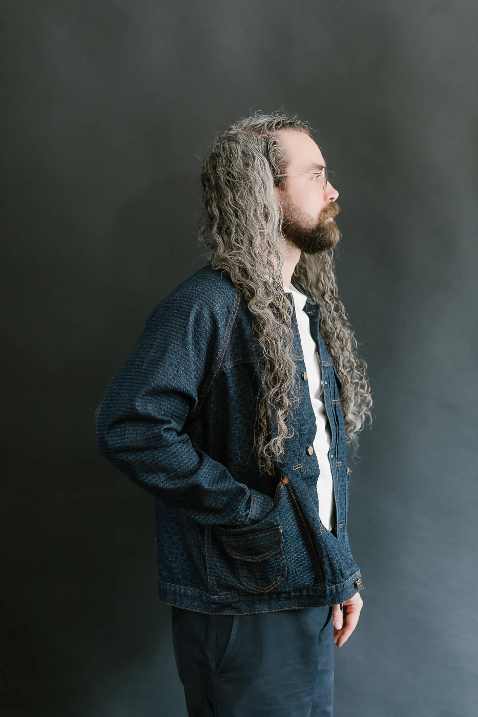 Shawl Collar Raglan Embossed Checkers Jean Jacket - Indigo - Image 13