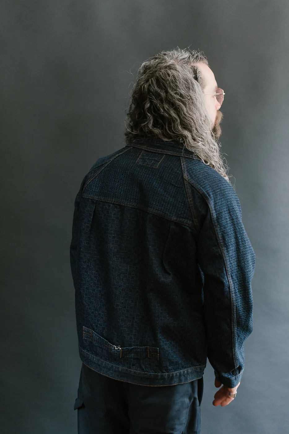 Shawl Collar Raglan Embossed Checkers Jean Jacket - Indigo - Image 14