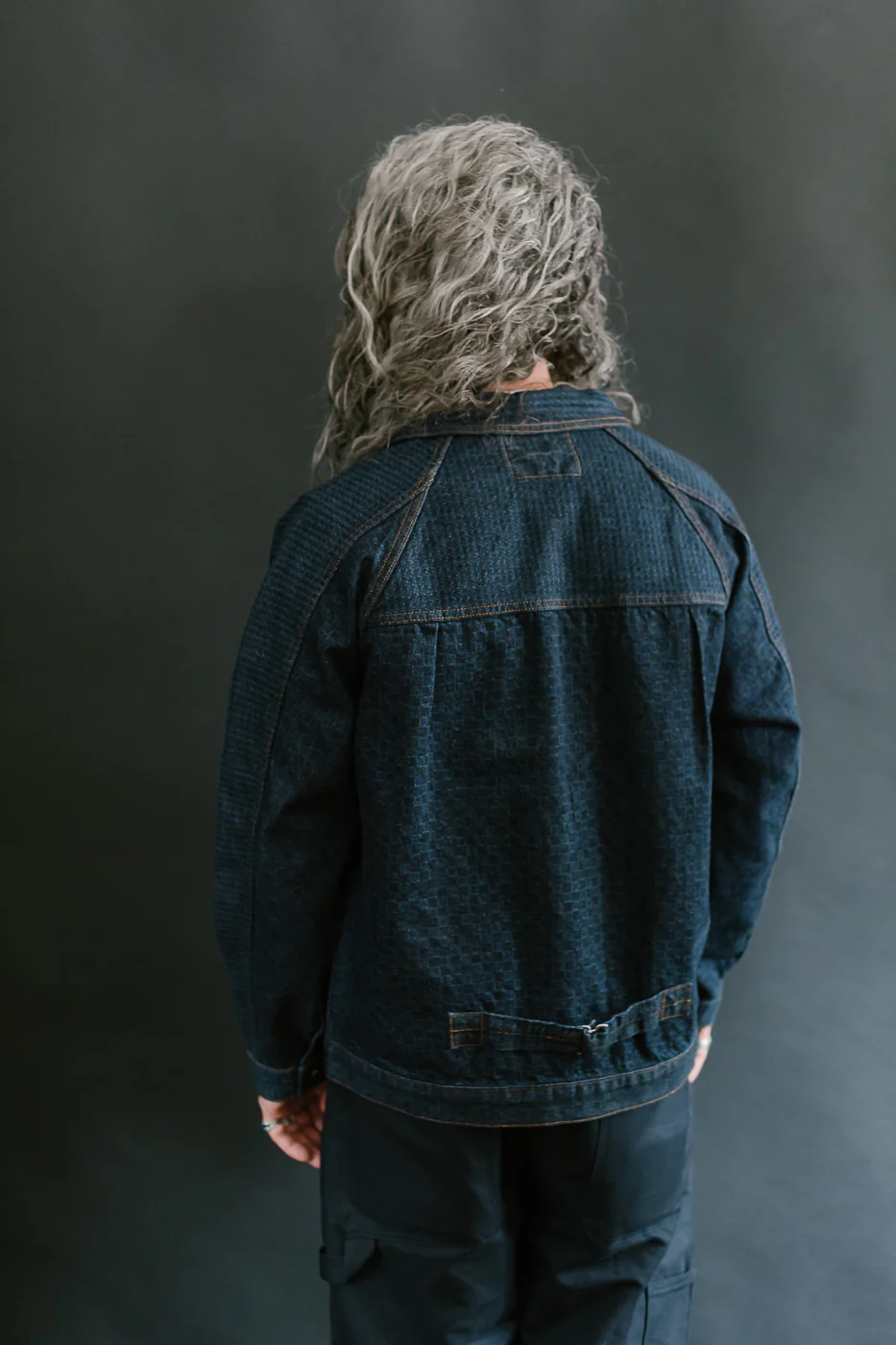 Shawl Collar Raglan Embossed Checkers Jean Jacket - Indigo - Image 15