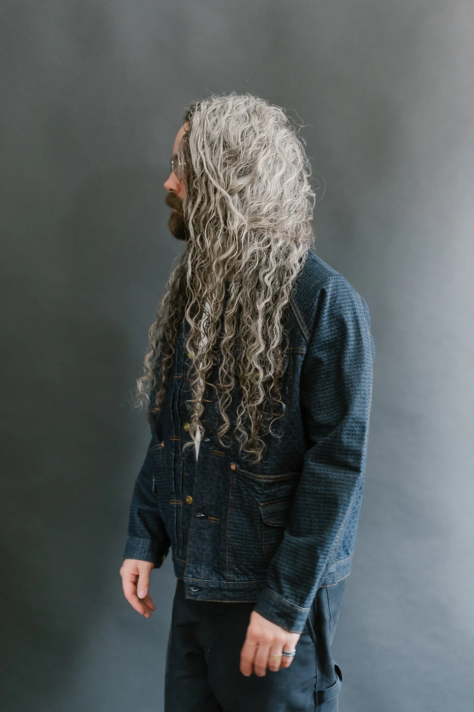 Shawl Collar Raglan Embossed Checkers Jean Jacket - Indigo - Image 16