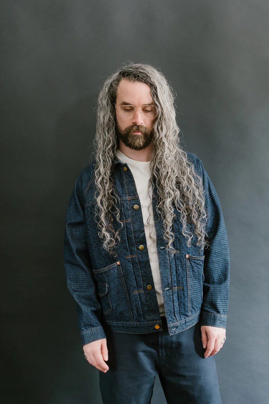 Shawl Collar Raglan Embossed Checkers Jean Jacket - Indigo - Image 17