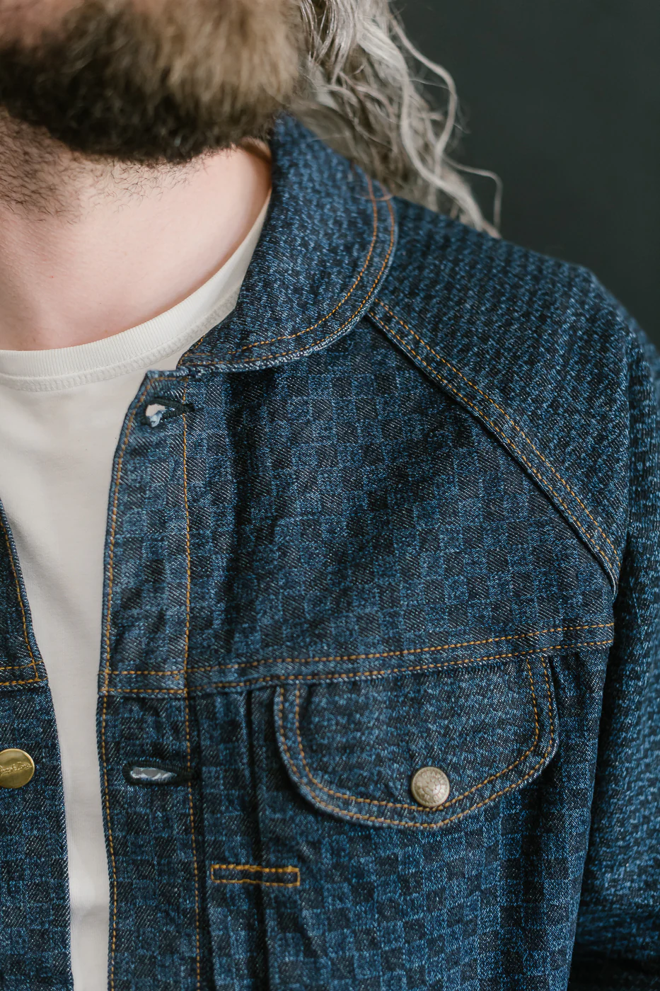 Shawl Collar Raglan Embossed Checkers Jean Jacket - Indigo - Image 19