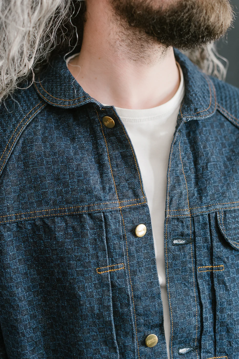 Shawl Collar Raglan Embossed Checkers Jean Jacket - Indigo - Image 20