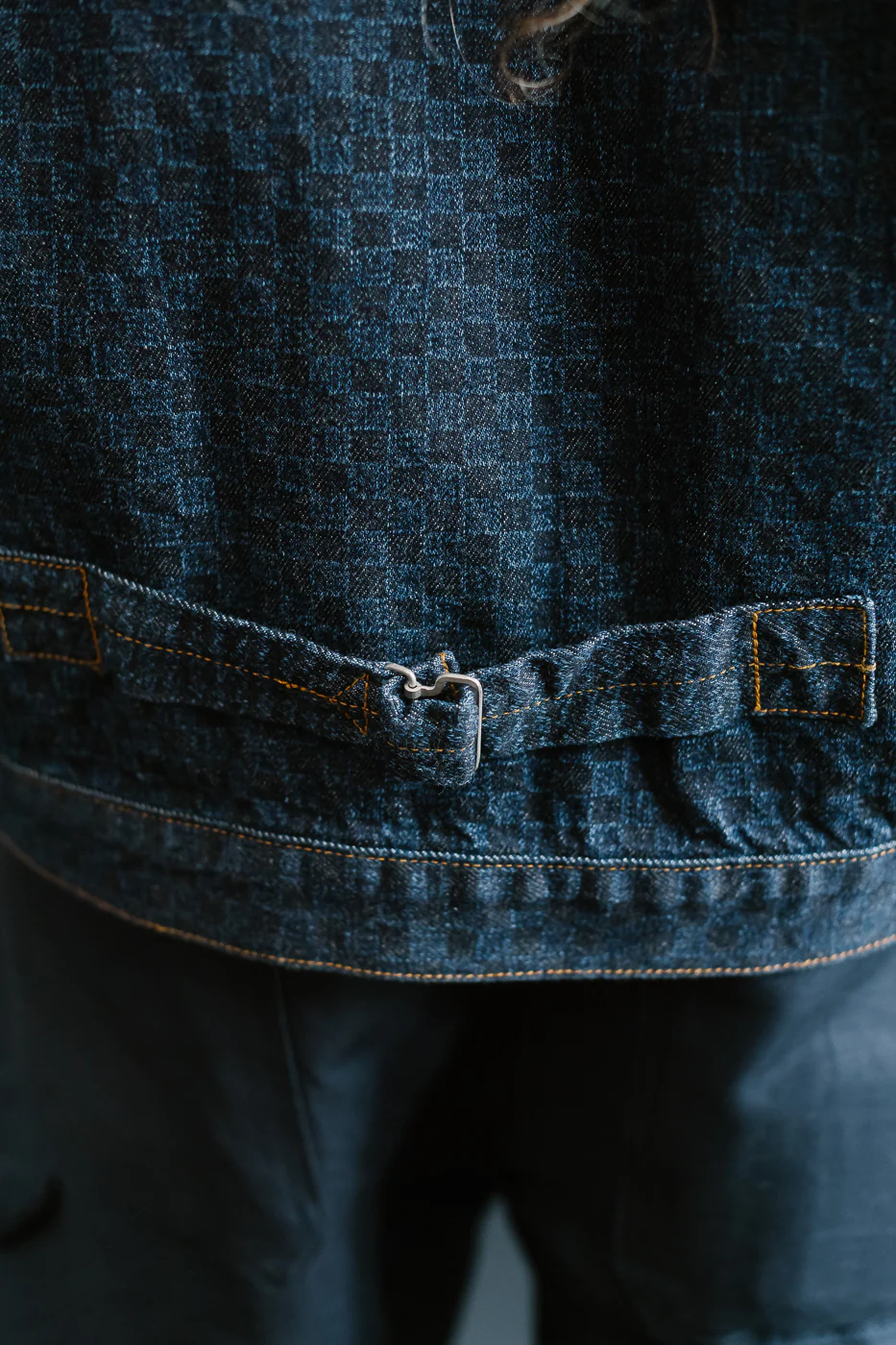 Shawl Collar Raglan Embossed Checkers Jean Jacket - Indigo - Image 24