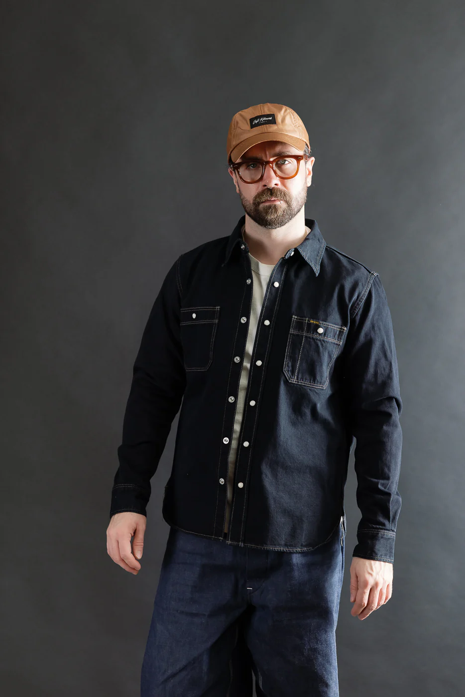 IHSH-326-OD - 12oz Selvedge Denim Work Shirt With Snaps - Indigo Overdyed Black - Image 14
