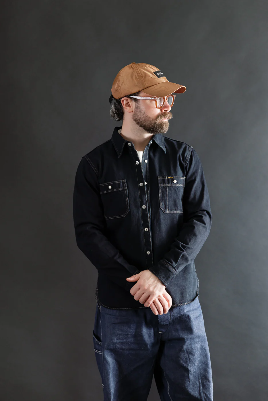 IHSH-326-OD - 12oz Selvedge Denim Work Shirt With Snaps - Indigo Overdyed Black - Image 15