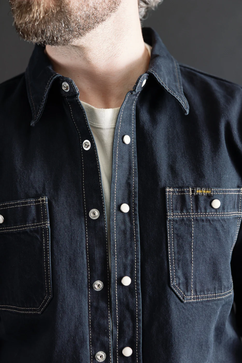 IHSH-326-OD - 12oz Selvedge Denim Work Shirt With Snaps - Indigo Overdyed Black - Image 16