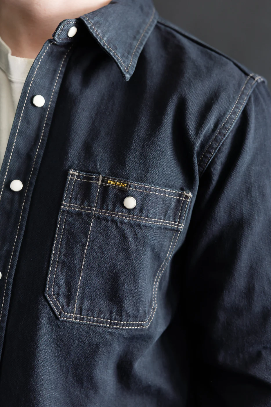 IHSH-326-OD - 12oz Selvedge Denim Work Shirt With Snaps - Indigo Overdyed Black - Image 17
