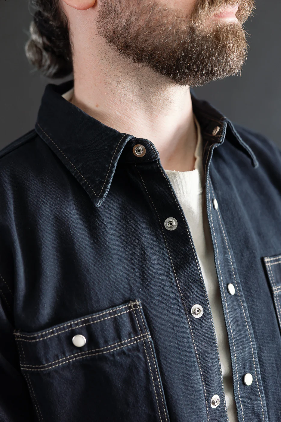 IHSH-326-OD - 12oz Selvedge Denim Work Shirt With Snaps - Indigo Overdyed Black - Image 19