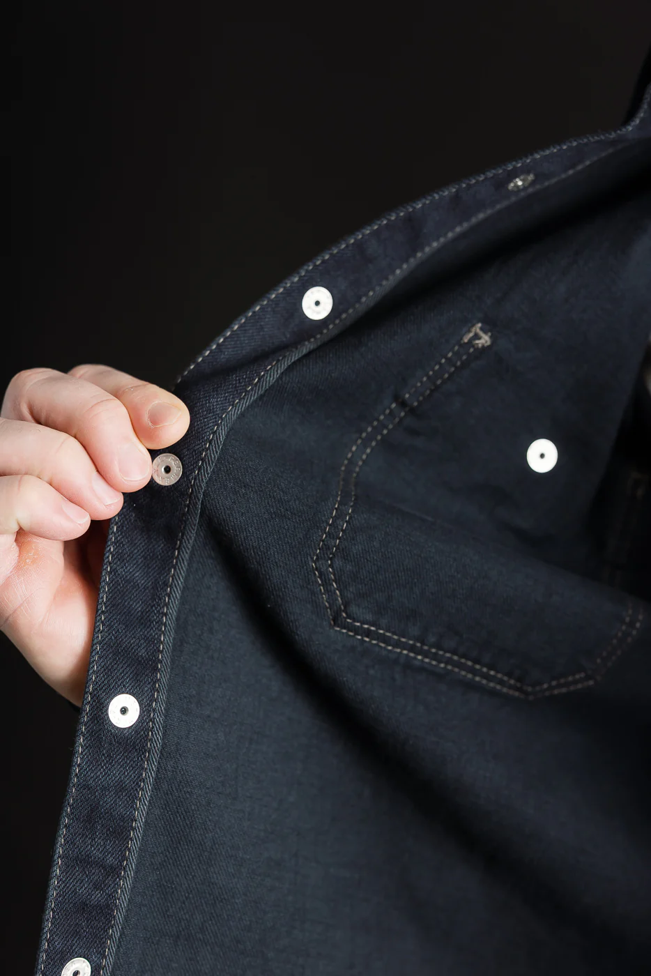 IHSH-326-OD - 12oz Selvedge Denim Work Shirt With Snaps - Indigo Overdyed Black - Image 22