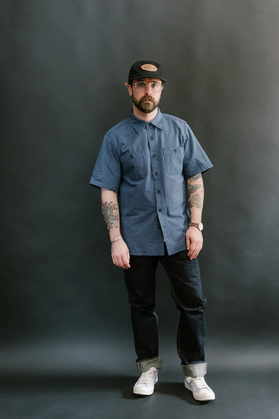 IHSH-420-PIN - 5oz Selvedge OX Cloth Short Sleeve Work Shirt - Pinstripe - Image 7