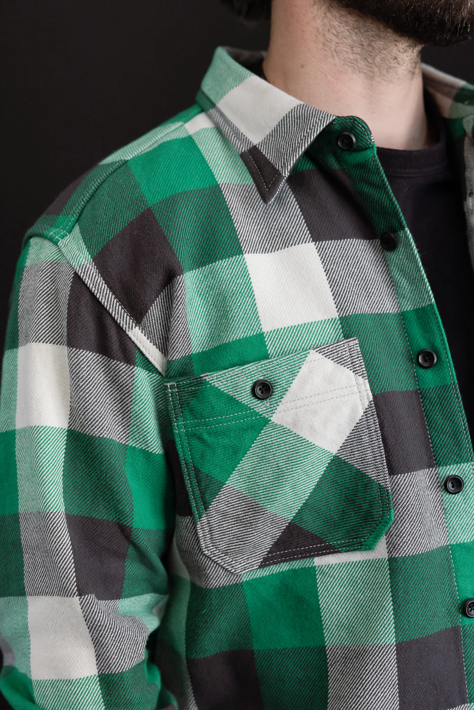 IHSH-428-GRN - Ultra Heavy Flannel Vintage Check Work Overshirt - Green - Image 16