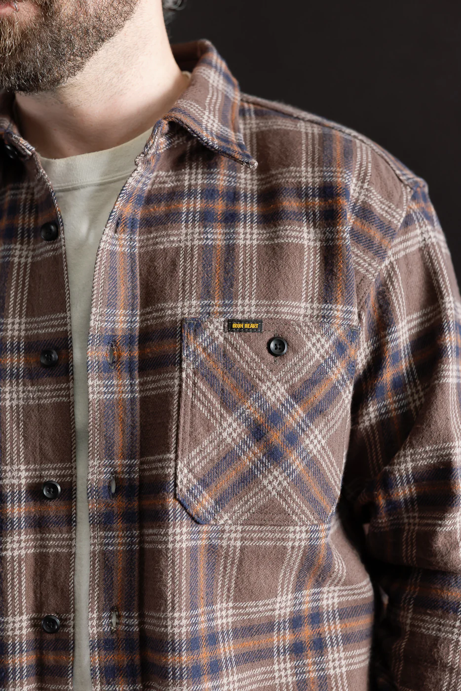 IHSH-430-BRN - Slubby Heavy Flannel Check Work Overshirt - Brown - Image 16