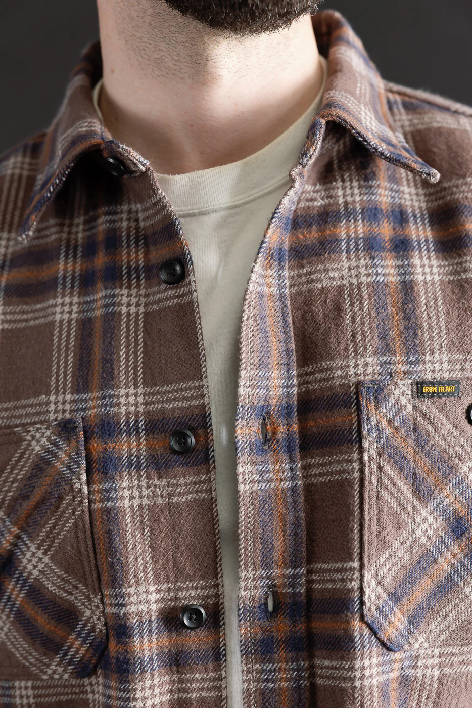 IHSH-430-BRN - Slubby Heavy Flannel Check Work Overshirt - Brown - Image 17