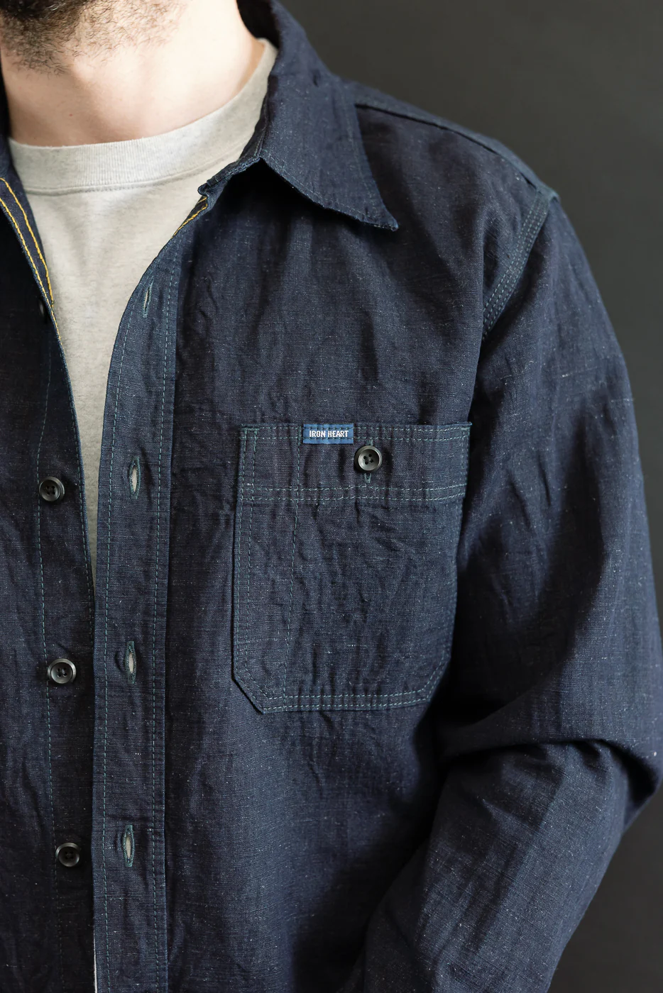 IHSH-443-IND - 7oz Cotton Linen Chambray Work Shirt - Indigo - Image 17