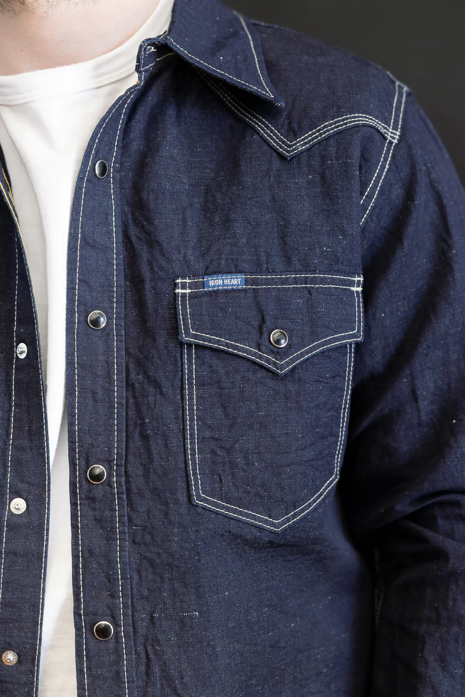 IHSH-444-IND - 7oz Cotton Linen Chambray Western Shirt - Indigo - Image 16