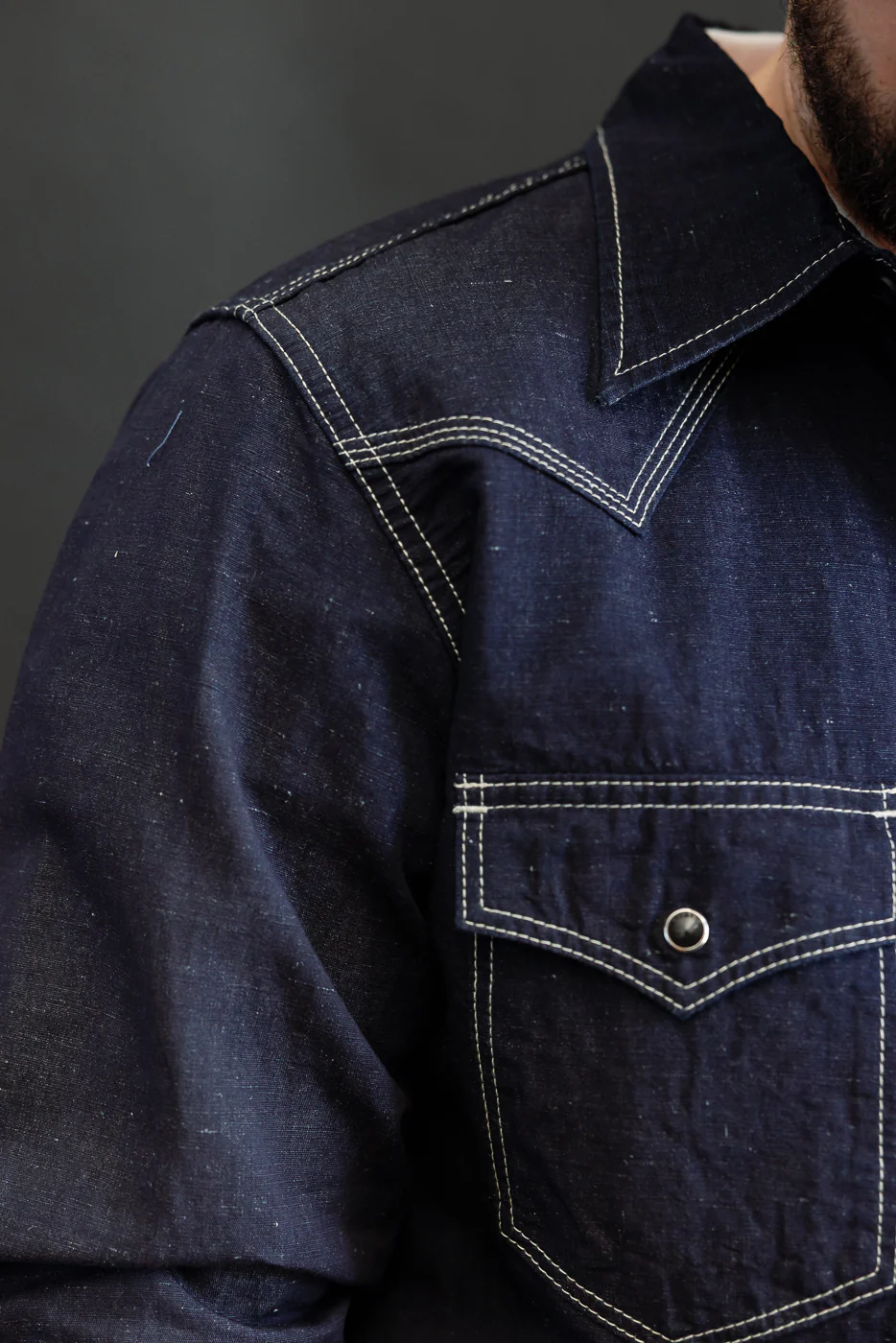 IHSH-444-IND - 7oz Cotton Linen Chambray Western Shirt - Indigo - Image 18