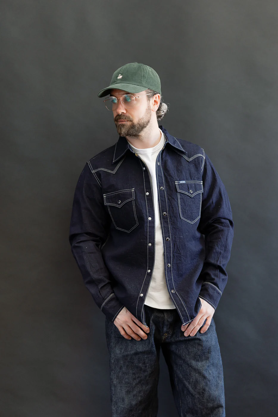 IHSH-444-IND - 7oz Cotton Linen Chambray Western Shirt - Indigo - Image 9
